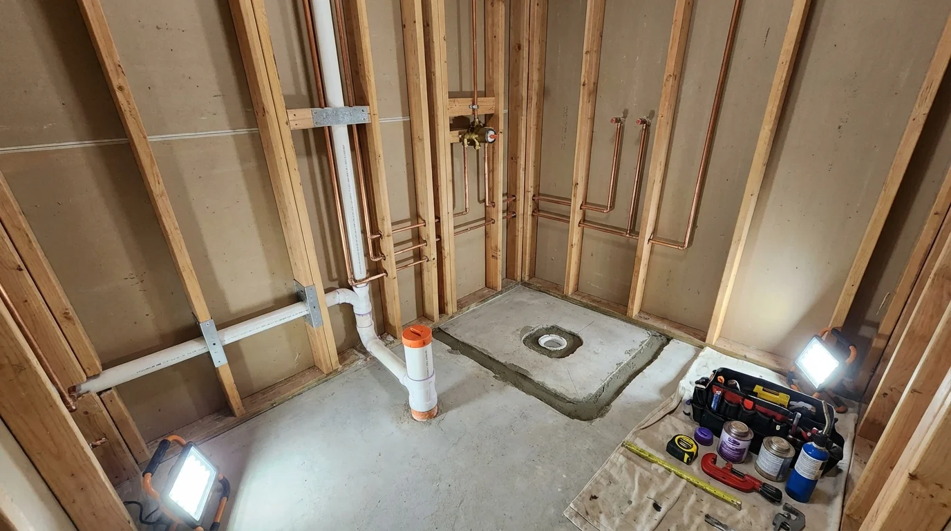 Bathroom rough-in plumbing during remodel by Johns Plumbing LLC in Grass Valley