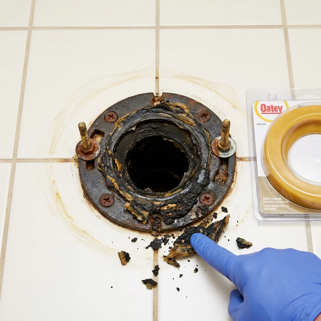 Failed wax ring showing water seepage at the base of a toilet in a Grass Valley, CA home